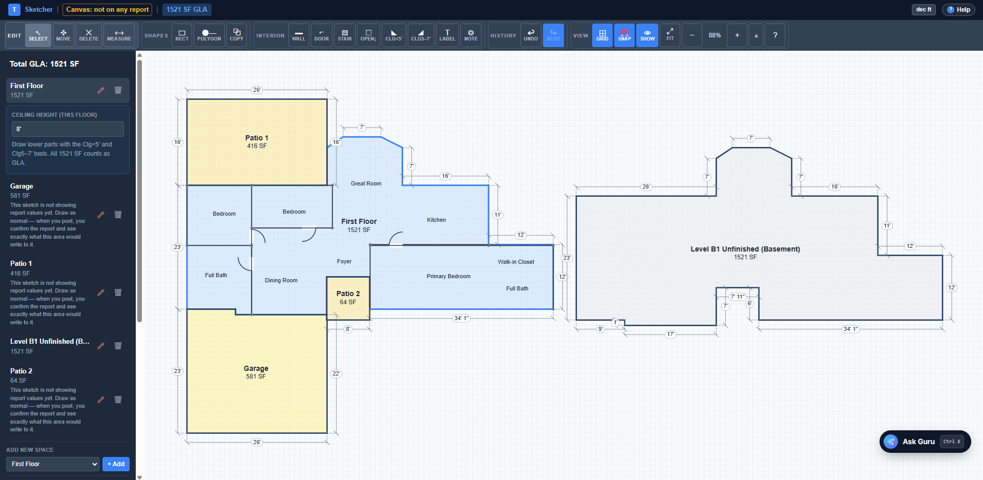 Appraiser Guru Sketcher drawing a two-level floor plan with finished area above grade totals